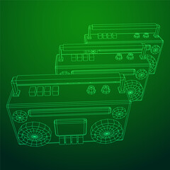 Retro Boombox outdated portable cassette tape recorder. Wireframe low poly mesh vector illustration.