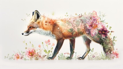 Obraz premium A double exposure watercolor of a fox with floral designs, the fox's shape blending with blooming flowers and leaves, soft and expressive brushwork, bright pinks, purples, and greens,