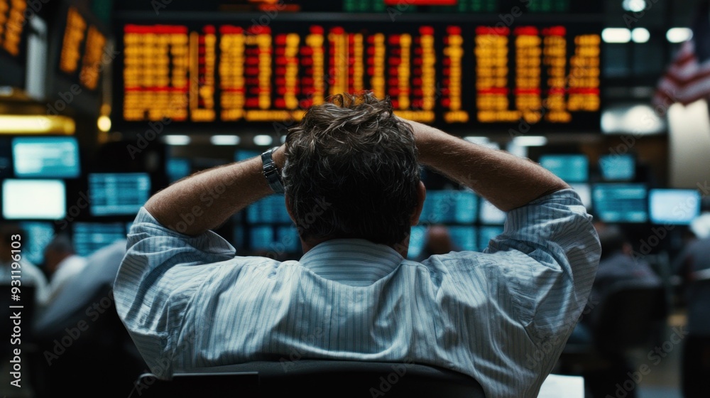 Aufkleber man sitting with hands behind head in front of stock ticker