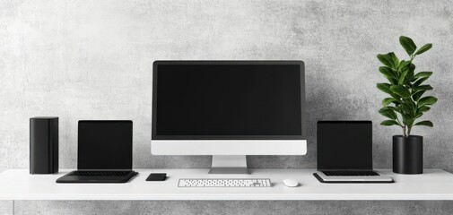 Modern workspace with a large monitor, laptop, and stylish plant, creating a minimalistic and productive environment.