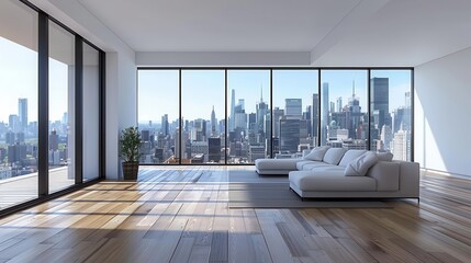 empty living room with  view to city skyline