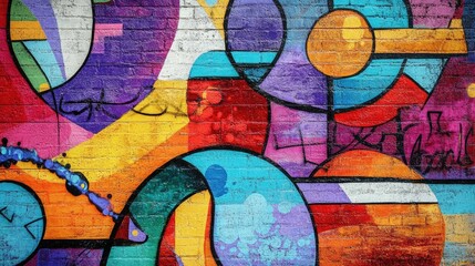 Obraz premium Colorful graffiti art on a brick wall with a mix of abstract shapes and lines.