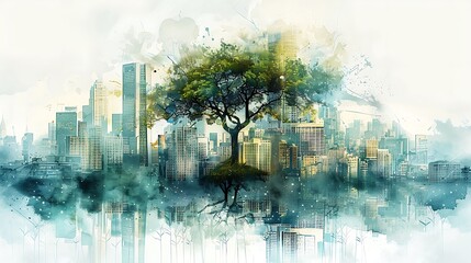 A double exposure watercolor of a tree intertwined with a city skyline, the branches merging with skyscrapers, expressive brushwork, rich greens and muted city tones, intricate textures,