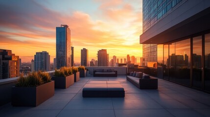 Obraz premium A modern rooftop terrace at sunset, featuring seating and city skyline views.