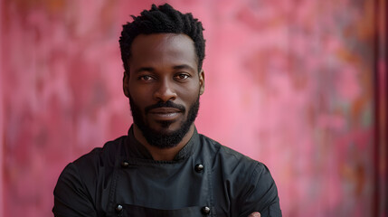 Confident Multicultural Chef in Professional Photoshoot on Rosewood Backdrop