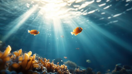 Naklejka premium School of fish swimming through kelp forest in calming underwater scene.