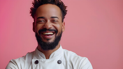 Confident Multicultural Chef Smiling in Studio with Pink Background