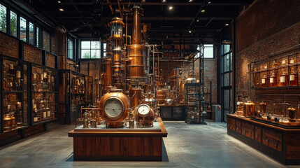 An interactive exhibit at a distillery museum showing the evolution of distillation techniques.