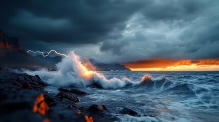 Fototapeta premium Lightning storm illuminating rocky coastline at night.