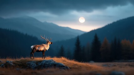 Naklejka premium Reindeer silhouette against full moon on starry night.