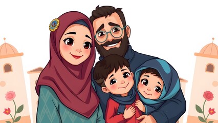 Muslim family, cartoon style, to illustrate children's books for example.