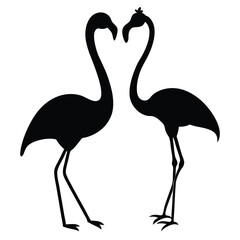 Vector illustration of flamingo in outline style is isolated on white background. Black silhouette of tropical bird flamingo standing on one leg .Cranes, Egrets, and Flamingoes