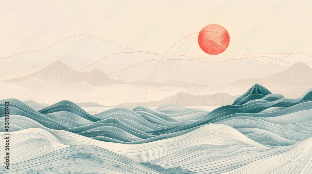 Poster japanese background with wave line pattern vector. abstract template with geometric patterns. mounta