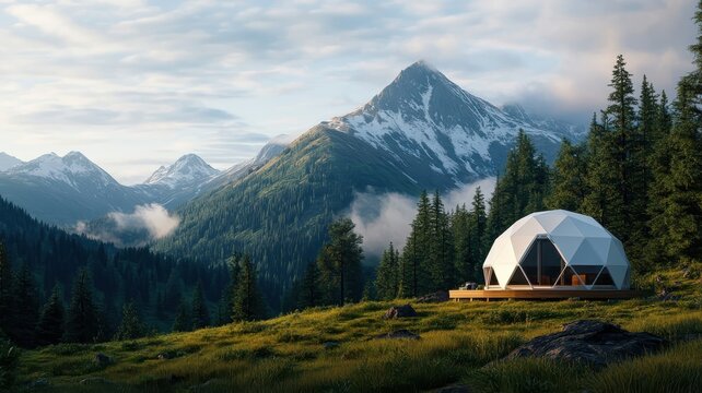 A transparent geodesic dome offering panoramic views and a connection to the surrounding environment.
