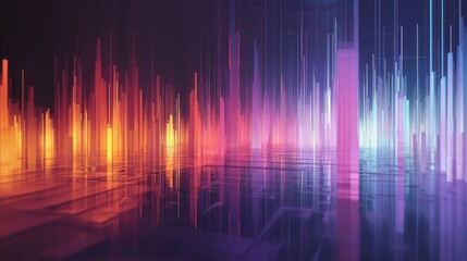 Abstract Digital Cityscape with Glowing Towers and Reflections
