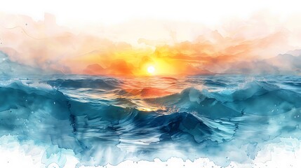 Fototapeta premium A double exposure watercolor of ocean waves cascading into a sunrise sky, the waves blending with the soft hues of morning light, expressive brushstrokes, warm yellows, oranges, and blues,
