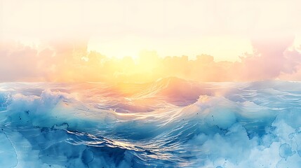 Fototapeta premium A double exposure watercolor of ocean waves merging with a sunrise sky, the waves dissolving into the soft pastels of dawn, gentle and flowing brushwork, warm yellows, pinks, and blues,