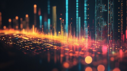 Abstract Digital Cityscape with Blurry Lights and Vibrant Colors