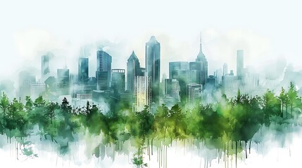 A watercolor of an urban skyline seamlessly blending into a lush forest, skyscrapers intertwined with towering trees, city colors fading into forest greens, fluid brushstrokes, delicate details,