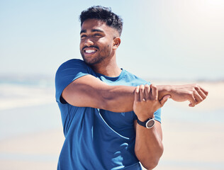 Man, happy and stretching arms by beach for warm up, daily workout routine and fitness for muscle development. Male person, thinking and flexing for physical cardio, training or exercise for health.