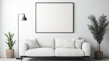 Fototapeta premium Minimalist Living Room with White Sofa and Blank Canvas