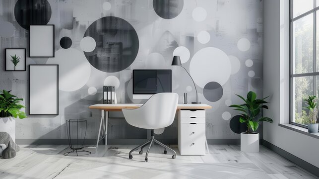 Modern Office Interior with Geometric Wall Decor - A minimalist office space with a sleek desk white chair and a decorative wall mural featuring geometric shapes and the word Bunes