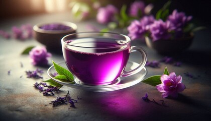 Fototapeta premium a glass teacup filled with vibrant purple tea, highlighting its unique and striking color. The tea is served on a simple, elegant surface with a few fresh purple tea leaves and flowers scattered aroun