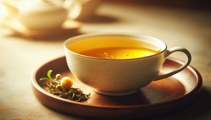 a delicate porcelain teacup filled with a warm, golden-yellow tea, known for its subtle, refined flavor. The tea is set on a simple, elegant wooden or ceramic surface, with a few yellow tea leaves or 