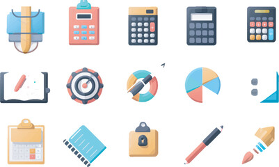 A clean vector icon set including a chalkboard, calculator, notebook, and paint palette