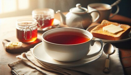 a steaming cup of strong, robust breakfast tea served in a classic white ceramic mug. The tea is a deep amber color, accompanied by a small plate with a slice of buttered toast, a jar of jam, and a sp