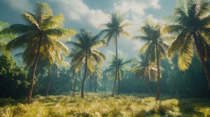 Obraz premium Tropical palm trees stand tall under a soft, hazy sky, surrounded by lush grass, evoking a serene and warm atmosphere in a tranquil natural setting.