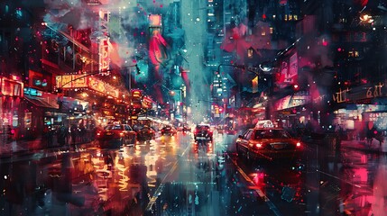 A watercolor painting of a bustling cityscape with neon lights, city elements merging with vibrant neon signs, fluid and expressive brushstrokes, bright neon hues and dark urban colors,