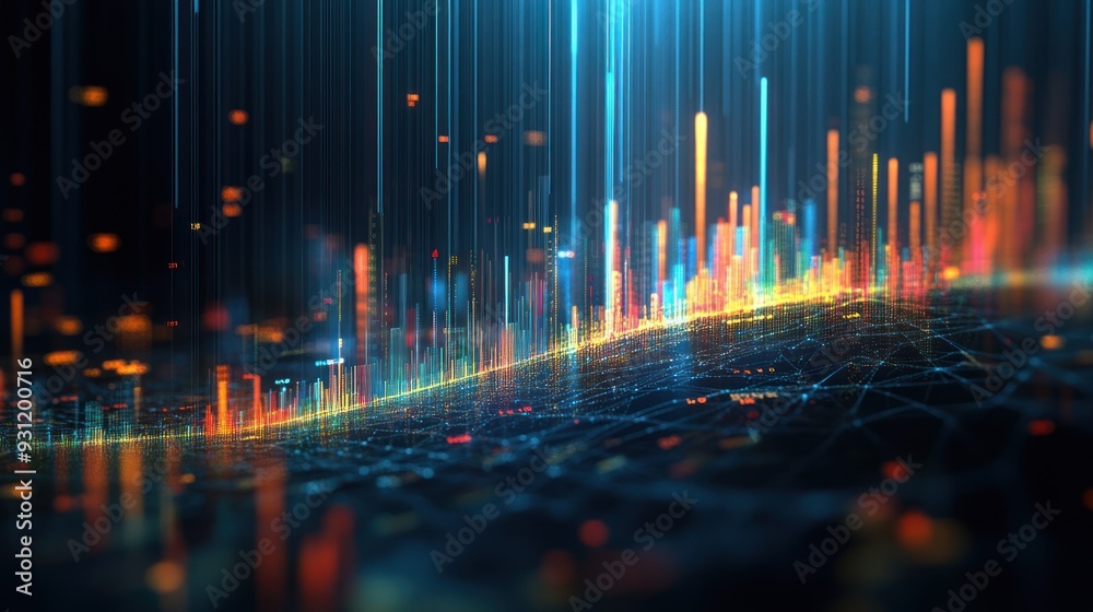 Poster abstract cityscape with vibrant colored lines and a connected network