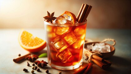 A refreshing glass of Thai spice sweet tea, served in a tall, transparent glass filled with ice cubes. The tea has a rich amber color, with a hint of spices like star anise, cardamom, and cloves visib