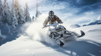 Snowmobile riding with fun in deep snow powder during backcountry tour. Neural network ai generated art