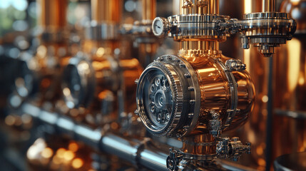 Close-up of detailed distillery equipment such as copper coils and precision valves.