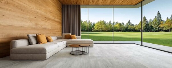 Modern Living Room with Large Windows and View of Green Lawn.