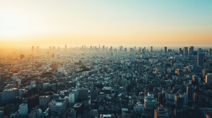Fototapeta premium A panoramic cityscape at sunset, showcasing urban buildings and a vast skyline.