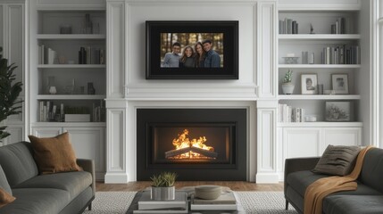 Fototapeta premium Modern Living Room with Fireplace, Bookshelves, and Framed Family Portrait