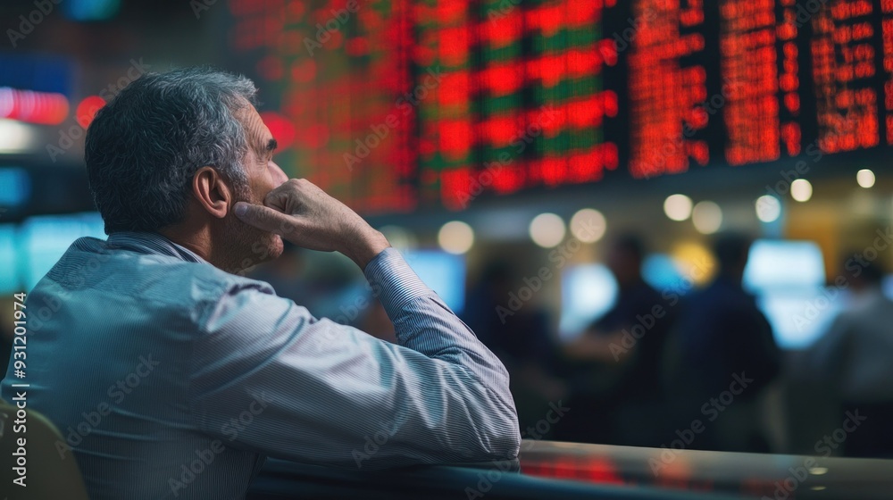 Poster A Man Contemplating Financial Data Displayed On A Screen