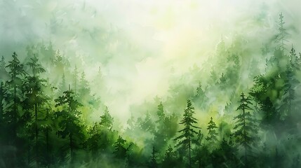 Naklejka premium A watercolor painting of a forest landscape with fog swirling through the trees, the foliage interwoven with mist, fluid and loose brushstrokes, vibrant greens and subtle whites, fine details,