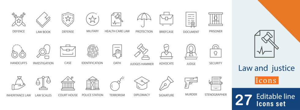 Law and  justice line icon design set with  evidence, courthouse, prison, briefcase, handcuffs and judge more icons
