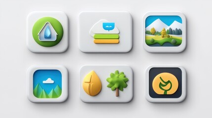 Six colorful app icons depicting environmental themes, including water, recycling, landscape, cloud computing, forestry, and sustainable energy.