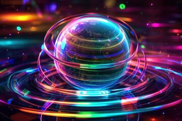 Obraz premium A floating holographic sphere surrounded by orbiting rings, each ring displaying different colors. 