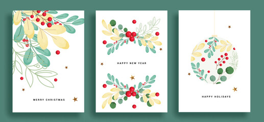 Christmas card watercolor poster set design. Merry christmas and happy holidays greeting text with leaf wreath, holly berry and garland leaves water color elements design. Vector illustration gits  © AmazeinDesign