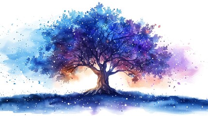 A watercolor painting of a lone tree with the night sky and stars filling its branches and leaves, the tree blending seamlessly with the cosmic background, soft and fluid brushstrokes,