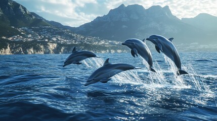 Fototapeta premium Dolphins Leap Out of the Water Against a Mountainous Seascape