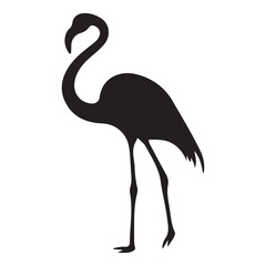 Vector illustration of flamingo in outline style is isolated on white background. Black silhouette of tropical bird flamingo standing on one leg .Cranes, Egrets, and Flamingoes