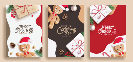 Merry christmas greetings card vector poster set design. Christmas greeting text with ginger bread and gift box decoration elements in abstract background collection. Vector illustration xmas cards 