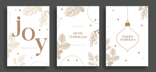 Christmas greeting card vector poster set. Merry christmas and happy holidays greeting text with leaf doodle and leaves sketch for simple elegant gift tags collection. Vector illustration season